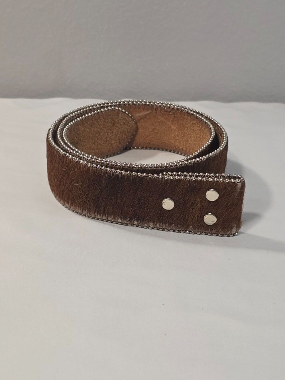 Genuine Leather Cowhide Metal Ball-Chain Stud Bezel/Trim Belt Hair-on-Hide Sz 34